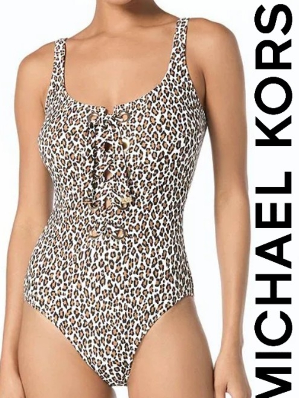 NWT  Michael Kors Leopard Scoop Neck Lace-Up Grommet One Piece Swimsuit